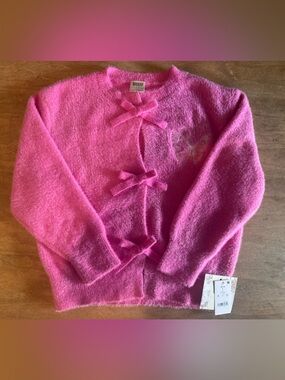 🦋 WICKED Pink Shimmer Bow-Accent Fuzzy Girls Cardigan Sweater 10/12 L Katie Kime
